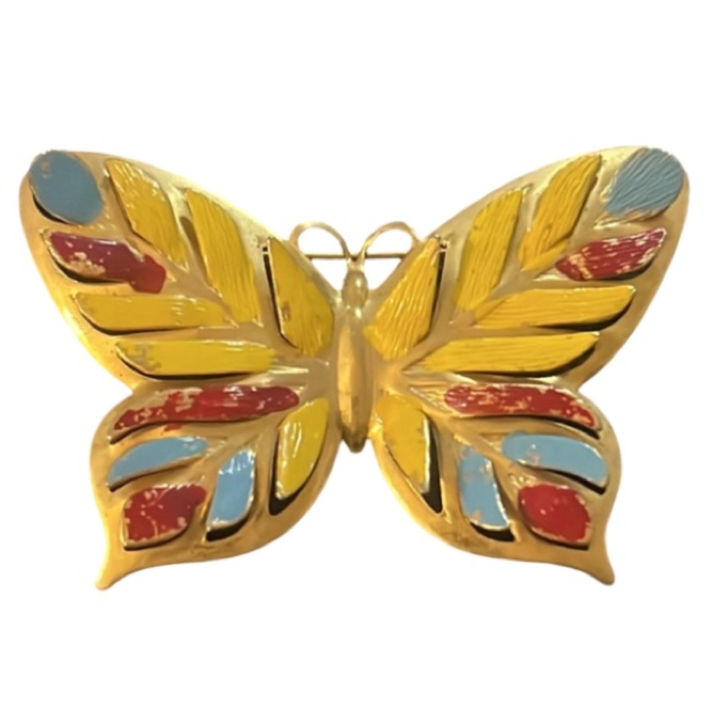 Vintage Whimsical Gold Metal Colorful Painted Cut Out Retro Butterfly Brooch